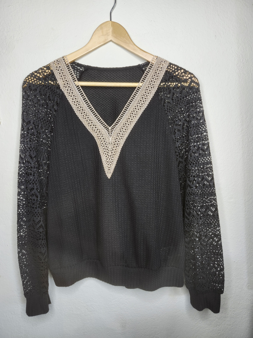 Black Sweater with Cream Crochet V-Neck